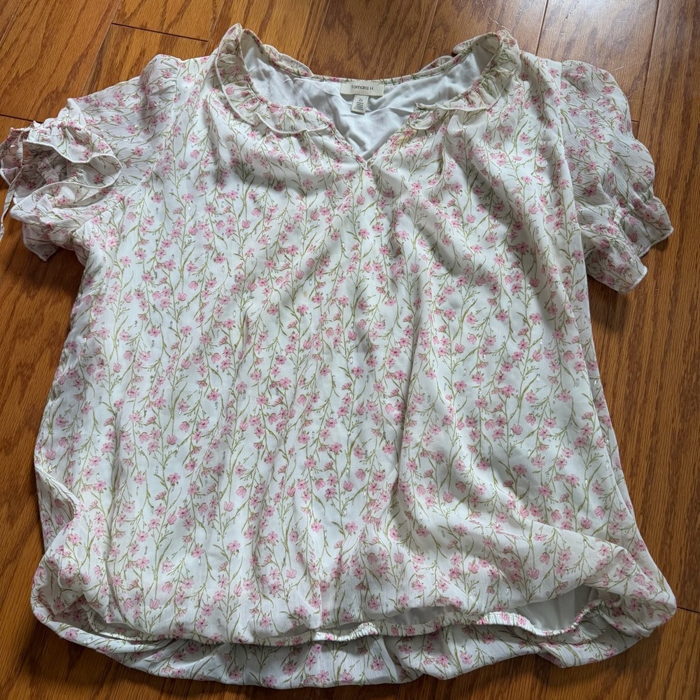 Tamara H Cream Floral Ruffle-Trim Short Sleeve Blouse Shirt Women 2X XXL